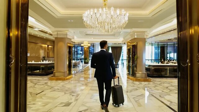 Man entering a luxury hotel lobby with a suitcase in a bustling city