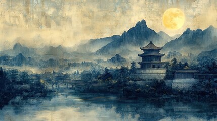 Fototapeta premium Music book for children with oriental writing, blue background, and dark, foreboding landscapes in gongbi style, documentary realism, dark gold and white tones, and poetic historical reimaginings