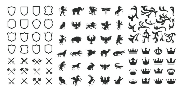 Vintage Logo, emblem elements set. Heraldic Animals, blank shields, retro ribbons, luxury logo symbols, flourish ornaments, crown and swords icons. Vector illustration