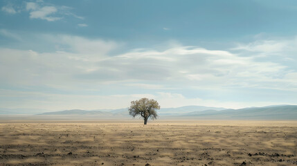 A lone tree stands in the middle of a desert