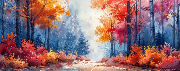 Watercolor abstract autumn path with vibrant foliage.