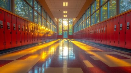 Obraz premium Sunlit school hallway with red lockers - generative ai