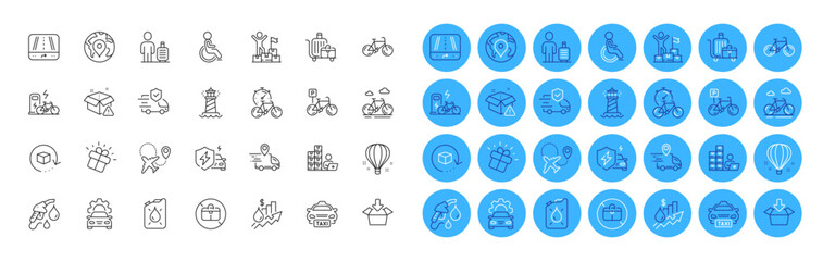 Car charging, Bicycle and Return package line icons pack. Air balloon, Delivery warning, Baggage cart web icon. Lighthouse, Taxi, Inventory pictogram. Get box, Gift, Delivery truck. Vector