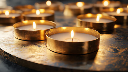 Soft golden glow of flickering candles illuminates a serene space, creating an ambiance of warmth and tranquility during a peaceful evening