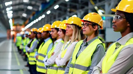 A diverse group of women donning hard hats and safety vests stands together, attentively engaged in an important training session about workplace safety protocols