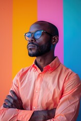 Fototapeta premium Man in Orange Shirt Against Colorful Wall