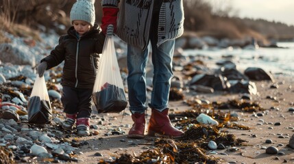 Fototapeta premium Environment, plastic bags, beach kids, Earth Day recycling and cleaning, reducing waste and assisting. Friends, volunteers, and kids with sustainability, climate change, or garbage pickup