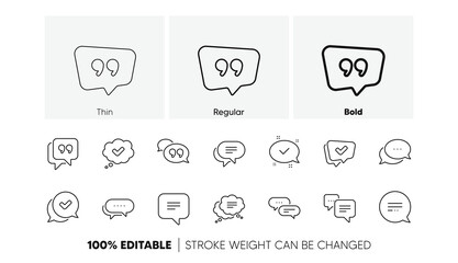 Approved, Checkmark box and Social media message. Chat and quote line icons. Chat speech bubble, Tick or check mark, Comment quote icons. Think speech bubble. Linear set. Line icons set. Vector
