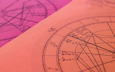 Printed light red astrology chart with ascendant, Mercury and Jupiter in Libra, detail