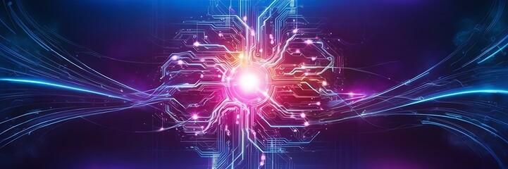 Obraz premium A vibrant, futuristic abstract background with interconnected nodes and flowing data streams, set against a dark backdrop to highlight a sense of advanced technology,