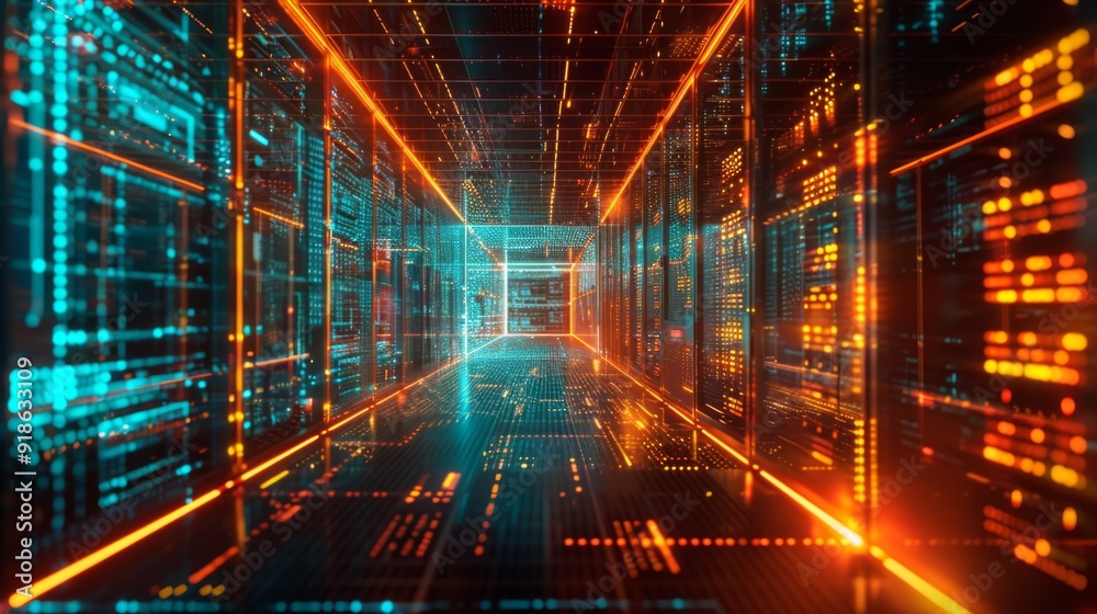 Poster a futuristic data center with glowing server racks and flowing data streams, symbolizing the core of