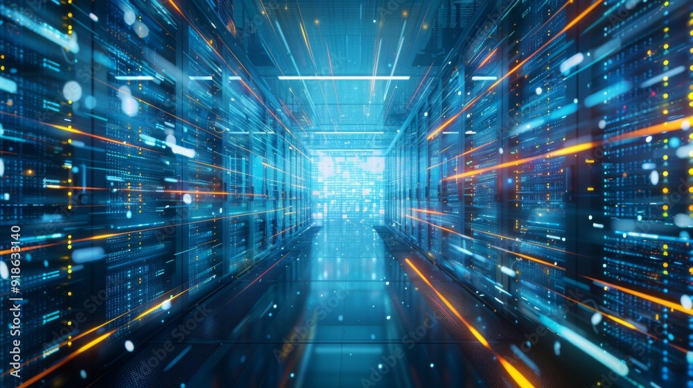 Poster a futuristic data center with glowing server racks and flowing data streams, symbolizing the core of