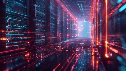 A futuristic data center with glowing server racks and flowing data streams, symbolizing the core of digital technology and data management.