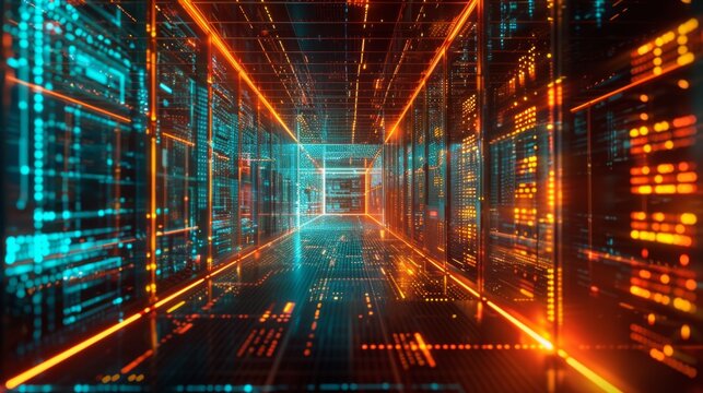 A futuristic data center with glowing server racks and flowing data streams, symbolizing the core of digital technology and data management.