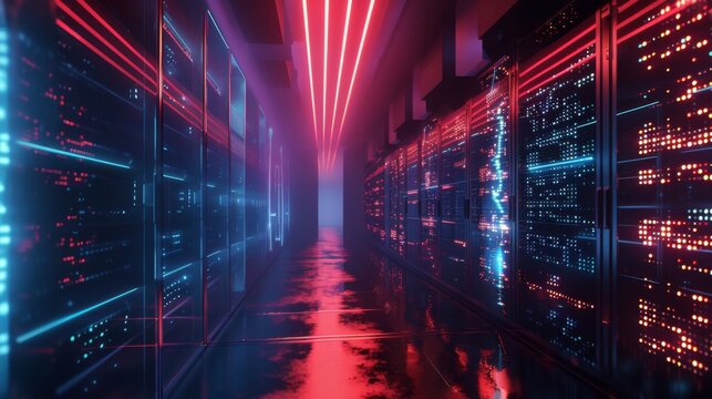 A futuristic data center with glowing server racks and flowing data streams, symbolizing the core of digital technology and data management.
