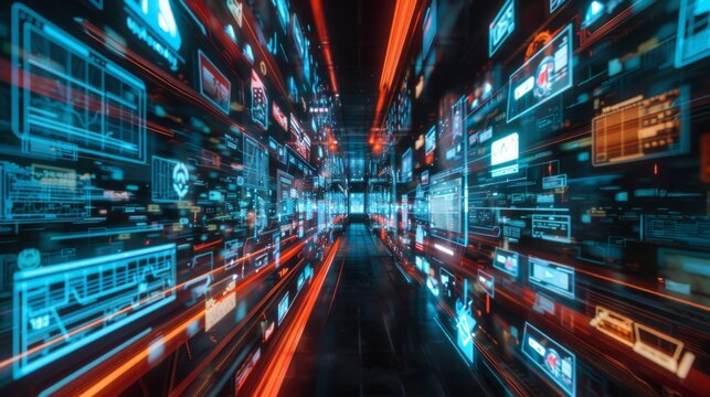 A representation of digital marketing with virtual billboards and data streams, showcasing the fusion of technology and advertising.