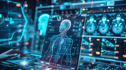Abstract representation of a digital diagnostic tool with AI-driven analysis and real-time results, illustrating advancements in healthcare technology.
