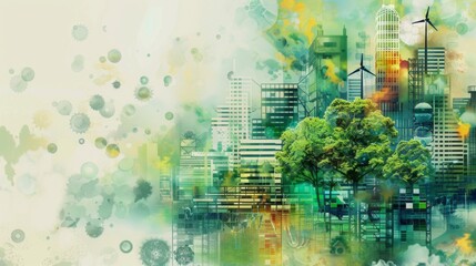 Abstract representation of environmental engineering with digital ecosystems and sustainability models, illustrating solutions for ecological balance.
