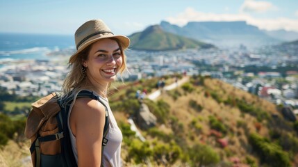 Traveling, hiking, laughing, free, fit, and active woman. Happy, carefree mountain hiker woman