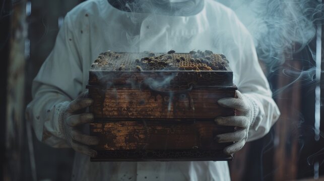 Refueling tool, smoker fire, and beekeeper on farm mix. Safety, beekeeping, and worker in suit smoking pot or equipment to calm bees, beehive, or bugs for honey harvest.
