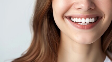 Obraz premium Skincare, dermatology, and grooming on a white studio background. Zoom, female model with grin, lips, silky skin, radiance, shine, and dental care and