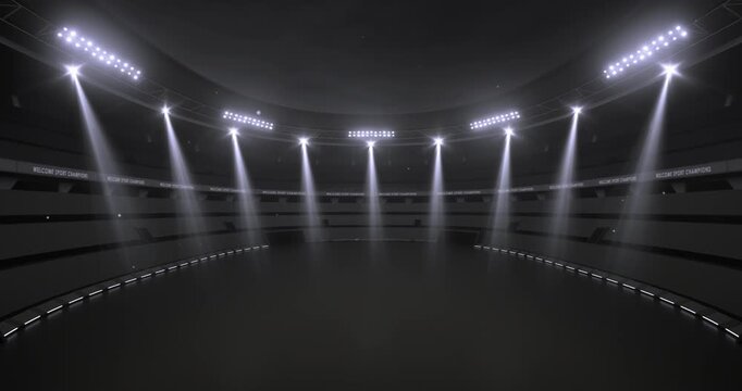 Impressive empty stadium at night illuminated by light beams. Camera is rotating around sport field in endless 4K video loop.