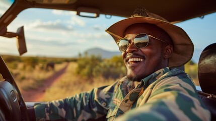 Fototapeta premium A joyful black man driving a caravan on a summer vacation, expedition, or tour. Driving to a South African vacation spot, a happy, liberated African man smiles.