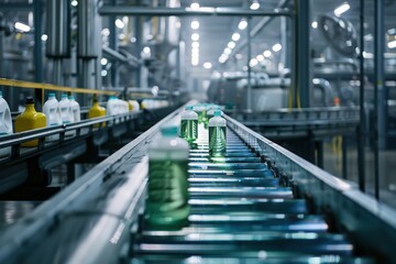 Conveyor with cosmetic products and household chemicals at factory, plastic bottles with green liquid. Moving plastic bottles