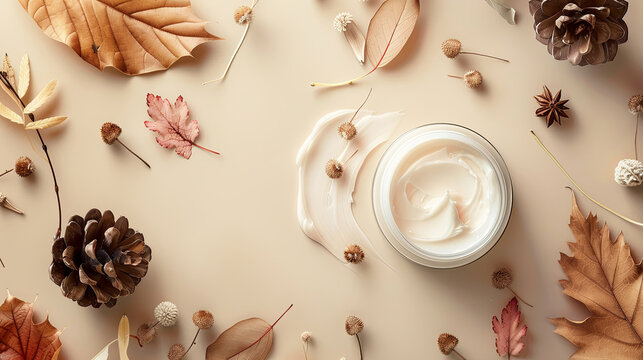 a jar of cream surrounded by autumn leaves, pinecones, and dried flowers on a beige background