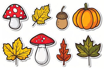 Colorful autumn sticker set featuring leaves, pumpkins, and mushrooms on a white background