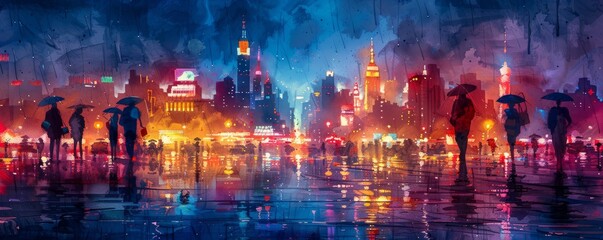 A painting of a city with people walking in the rain