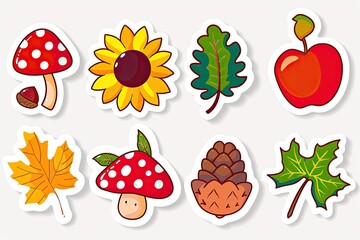 A charming collection of autumn-themed stickers featuring nature elements and vibrant colors on a white background