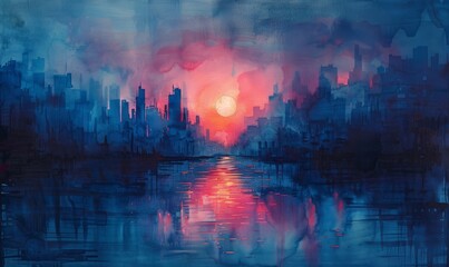 Obraz premium A painting of a city with a large red sun in the sky
