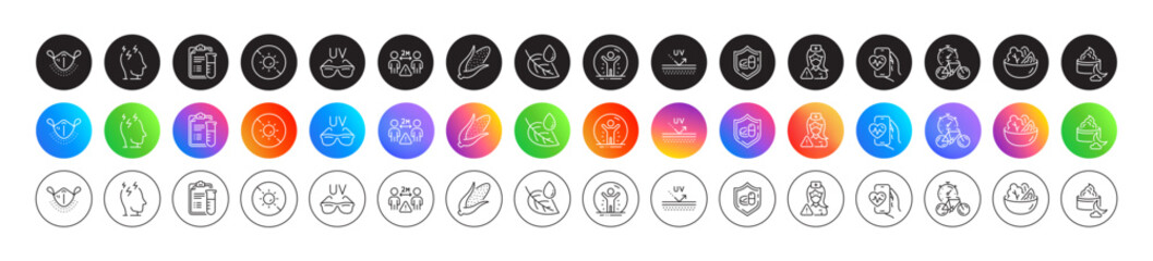 Bike timer, Corn and Night cream line icons. Round icon gradient buttons. Pack of Salad, No sun, Medical tablet icon. Recovered person, Cardio training, Uv protection pictogram. Vector