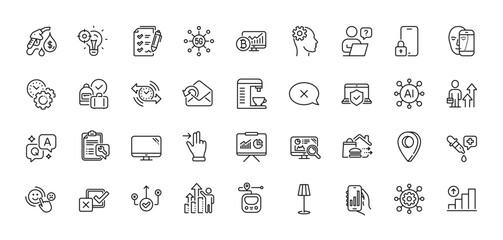 Reject, Presentation and Send mail line icons pack. AI, Question and Answer, Map pin icons. Touchscreen gesture, Survey checklist, Graph chart web icon. Lock, Metro, Analysis app pictogram. Vector