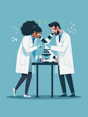 Medical research, scientists with microscopes, flat design illustration