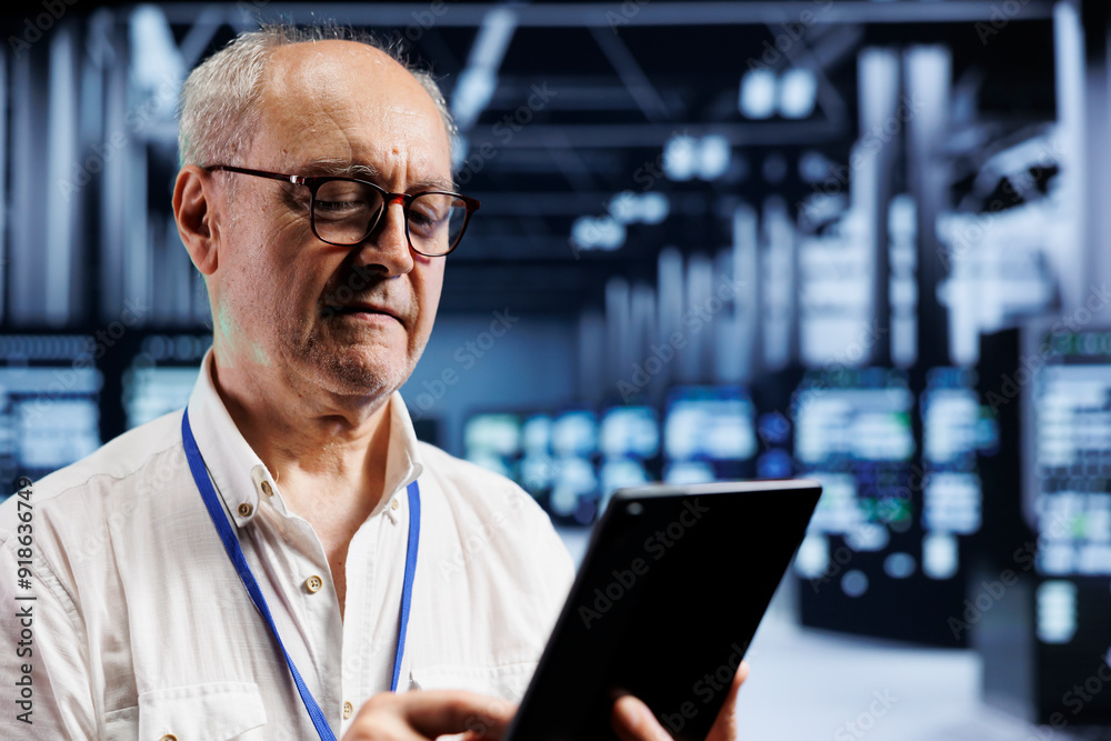Poster elderly manager inspects operational server racks in computer network security data center, ensuring