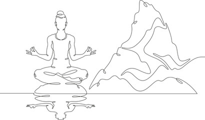 Meditating woman by the lake shore. Sea mountain landscape. Relaxation in nature. Yoga.One continuous line. Line art. Minimum one line. White background. One line drawing.