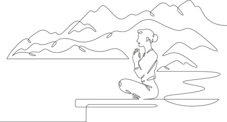 Meditating woman by the lake shore. Sea mountain landscape. Relaxation in nature. Yoga.One continuous line. Line art. Minimum one line. White background. One line drawing.