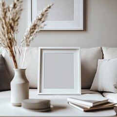 A white framed picture sits on a couch in a living room