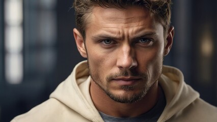Close-up of a serious man with stubble and intense eyes in a softly lit room during the evening