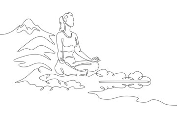 Meditating woman by the lake shore. Sea mountain landscape. Relaxation in nature. Yoga.One continuous line. Line art. Minimum one line. White background. One line drawing.