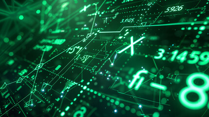 Obraz premium Glowing green symbols background, technology backdrop 