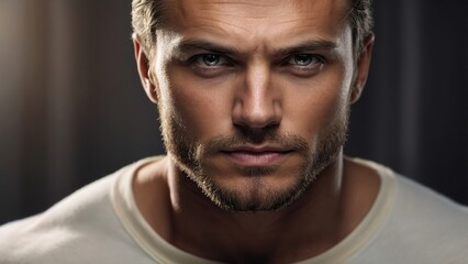 Obraz premium Close-up of a serious man with stubble and intense eyes in a softly lit room during the evening