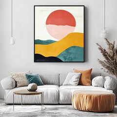 A large abstract painting of a sun and mountains with a blue
