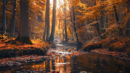 Golden light filters through autumn trees along a tranquil creek in a serene forest at sunset