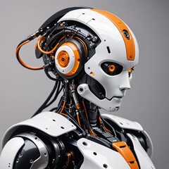 Fototapeta premium Futuristic Humanoid Robot Portrait with Black and Orange Mechanical Components