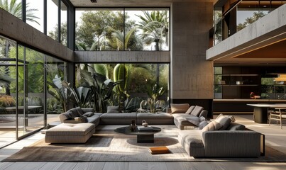 Fototapeta premium Contemporary villa with expansive glass walls.