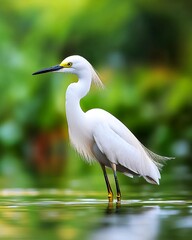 Fototapeta premium Graceful Snowy Egret Standing in Vibrant Green Wetlands During Summer