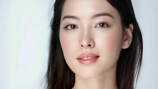 close up face portrait of young pretty Asian woman with hazel eyes bright flawless skin, beauty cosmetic or skincare fashion portrait 